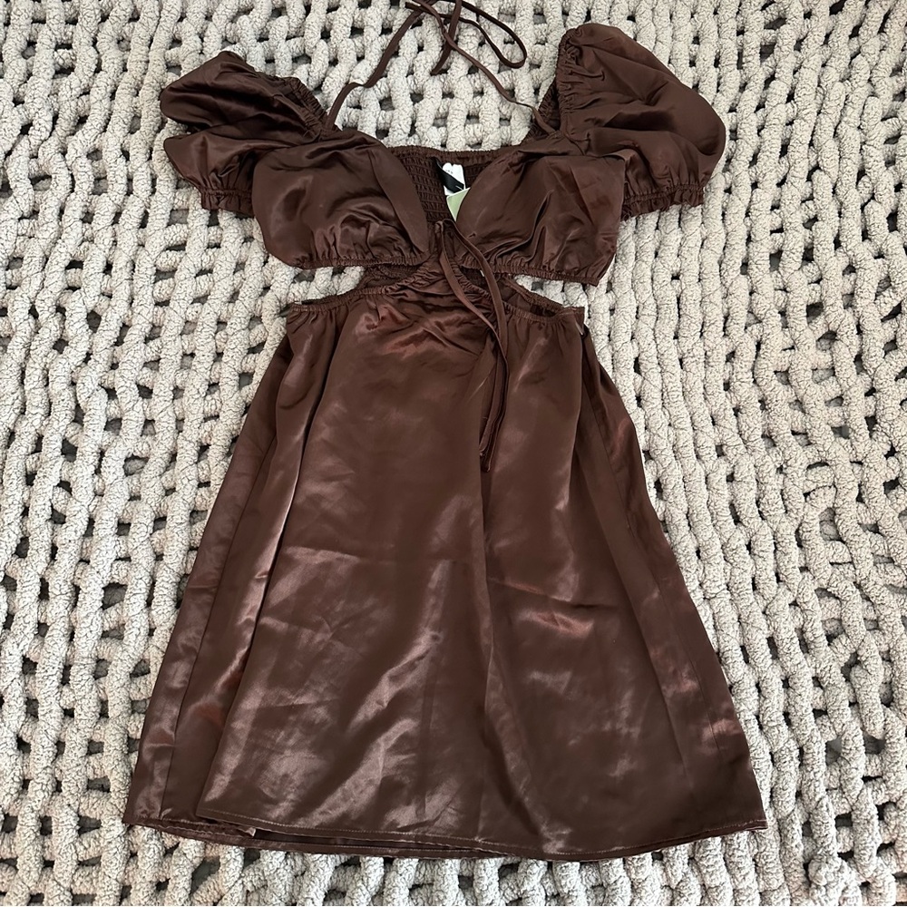 NWT brown satin cutout mini dress
